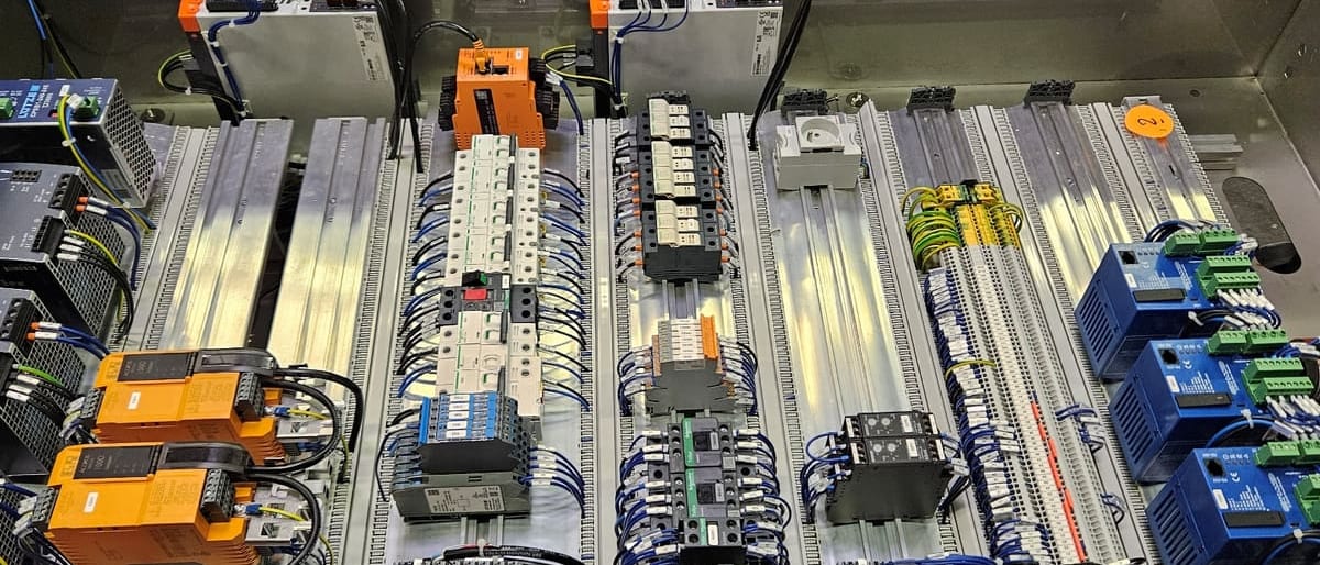 Armoire électrique câblée avec soin, disjoncteurs et borniers repérés sur rails DIN